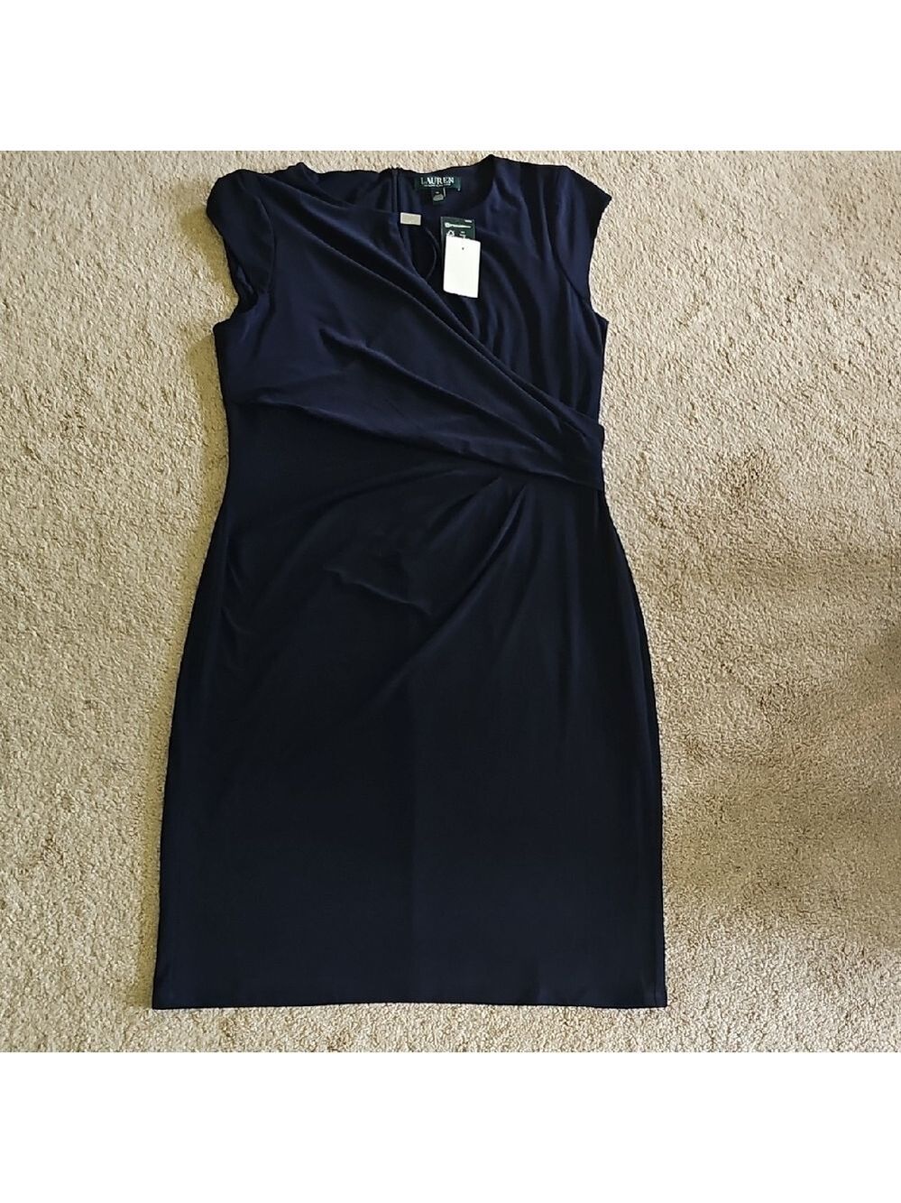 Ralph Lauren Black Sheath Midi Dress Crew Neck Cap Sleeve